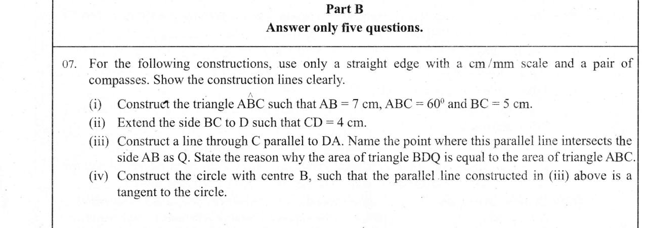 Paper II Part B Q7: Construct triangle, parallel line, equal-area reason, tangent circle