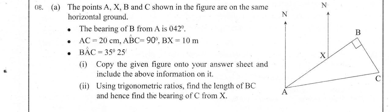 Paper II Part B Q8: Bearings and right triangle: find BC, then bearing of C from X