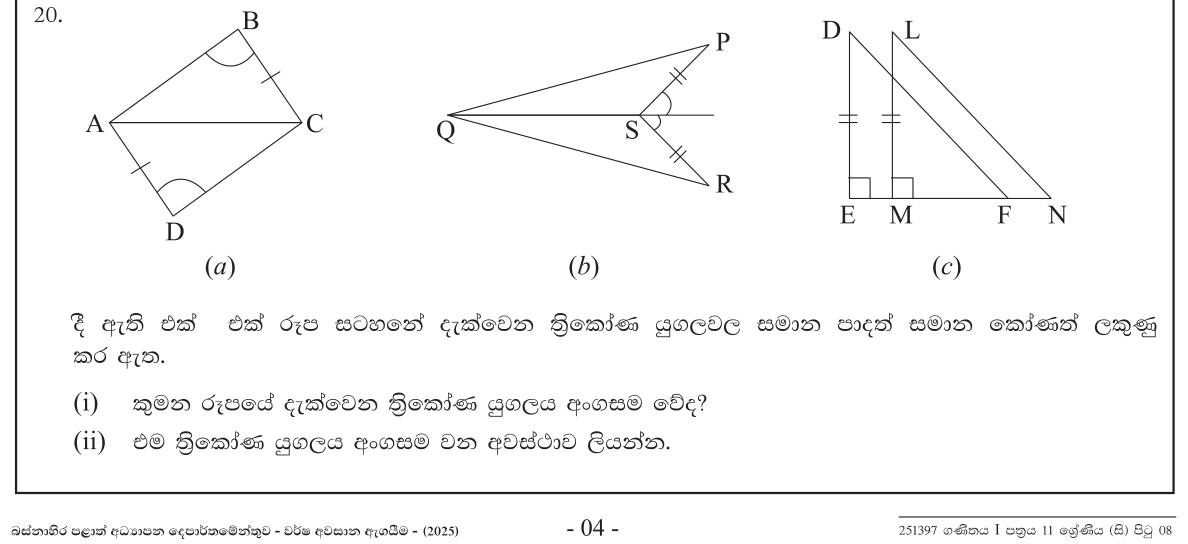 Paper I Part A Q20: Choose the congruent triangle pair and state the case