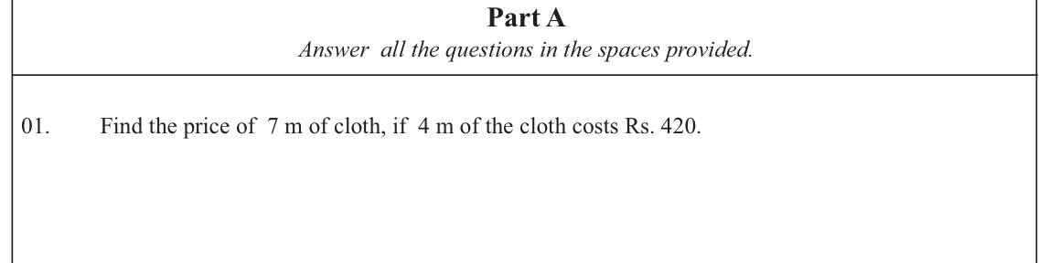 Paper I Part A Q1: Price of a length of cloth by direct proportion
