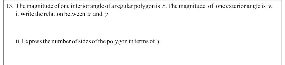 Paper I Part A Q13: Interior-exterior angle relation and number of sides of a regular polygon