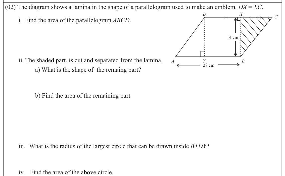 Paper I Part B Q2: Parallelogram area, remaining trapezium, largest circle inside a square
