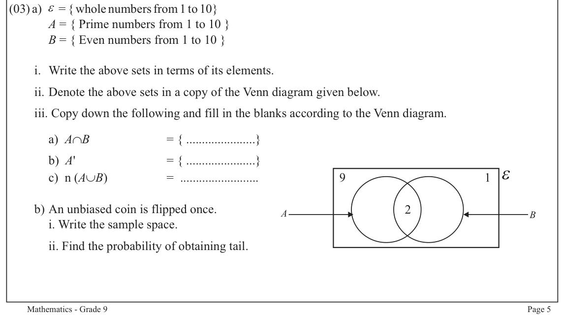 Paper II Part A Q3: List sets, fill a Venn diagram, set operations; coin sample space