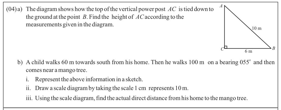 Paper II Part A Q4: Pole height by Pythagoras; sketch and scale drawing of a two-leg walk