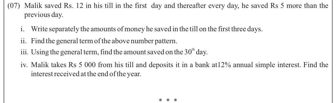 Paper II Part A Q7: Savings pattern general term and 30th term; simple interest for a year