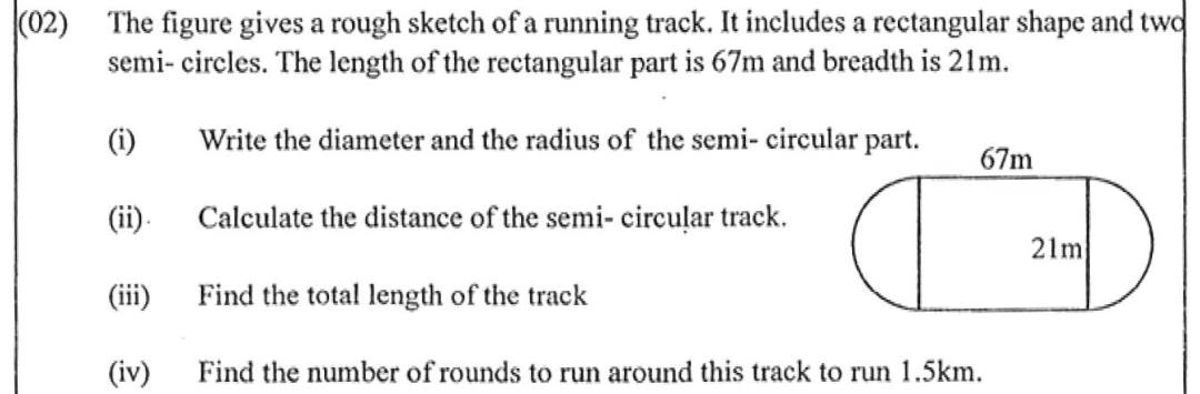 Paper I Part B Q2: Running track: radius, semicircle length, total length, number of laps
