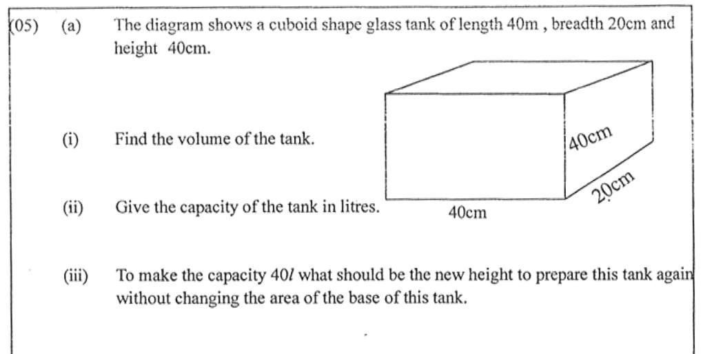 Paper I Part B Q5(a): Volume and capacity of a tank; new height for a given capacity