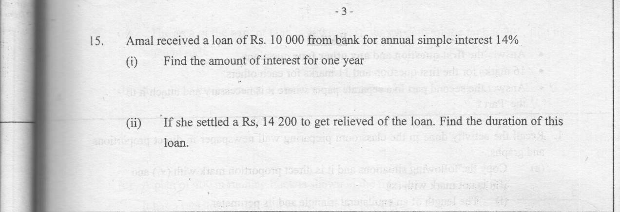 Paper I Part A Q15: Simple interest for a year and duration of loan