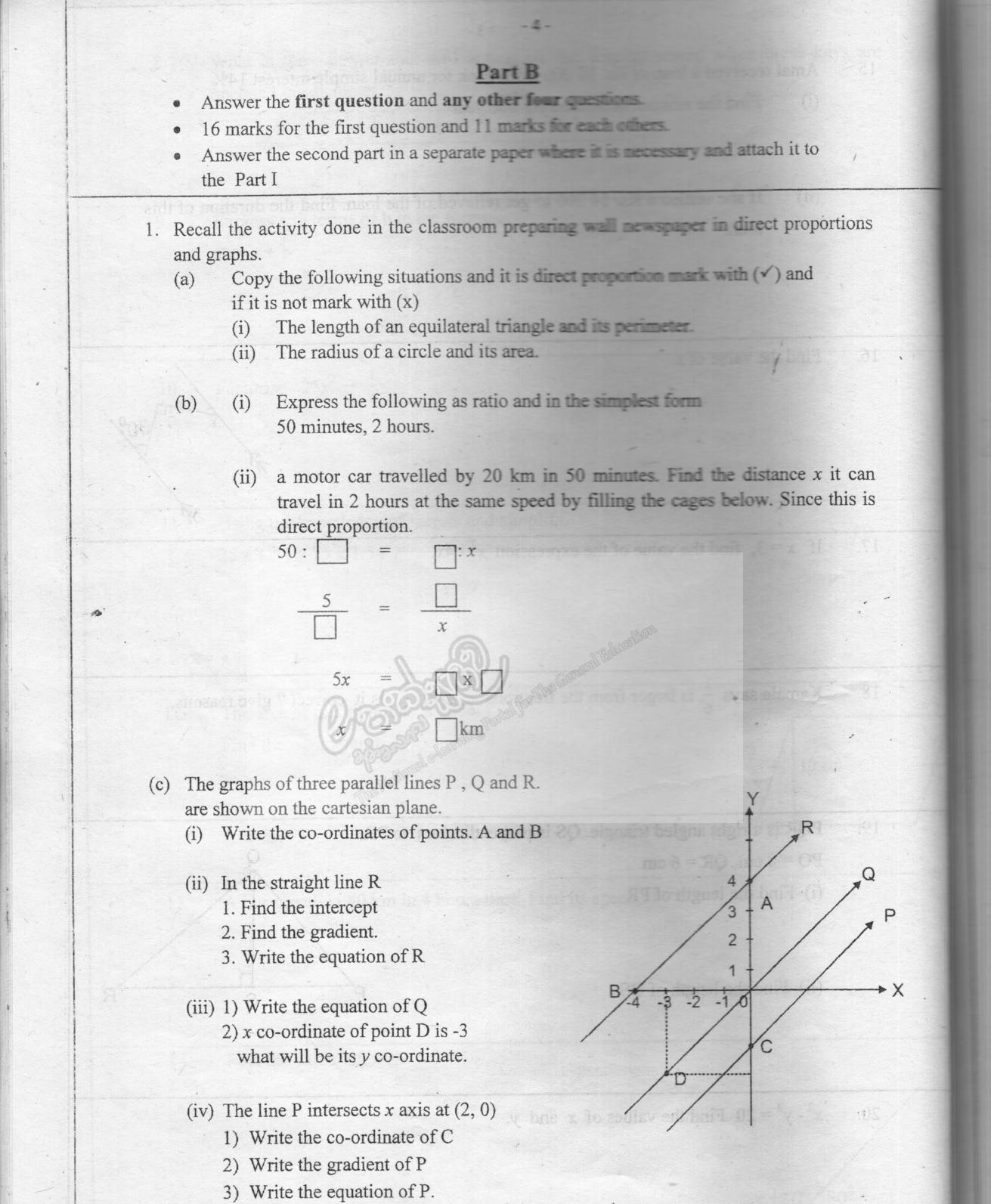 Paper I Part B Q1: Direct proportion checks, ratio, distance by proportion, parallel line equations