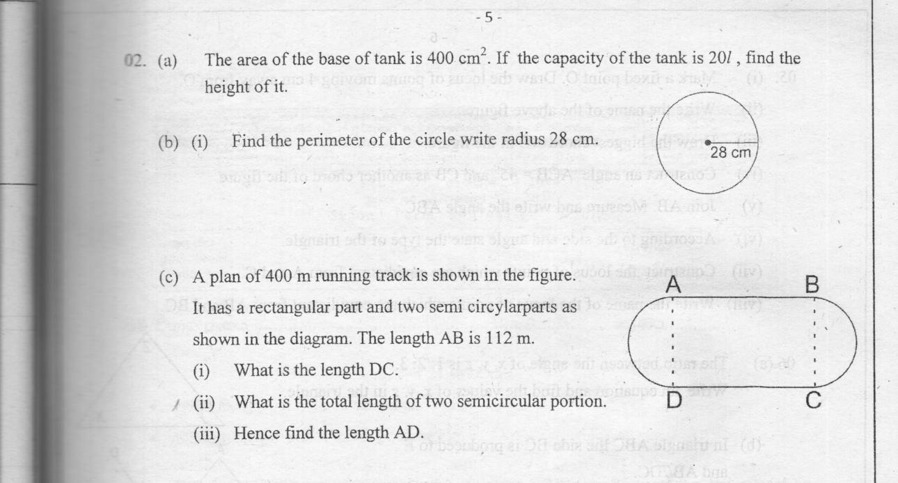 Paper I Part B Q2: Tank height from capacity; circumference; running track lengths