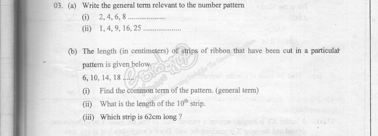 Paper I Part B Q3: General terms of patterns; strip lengths, 10th term, term number