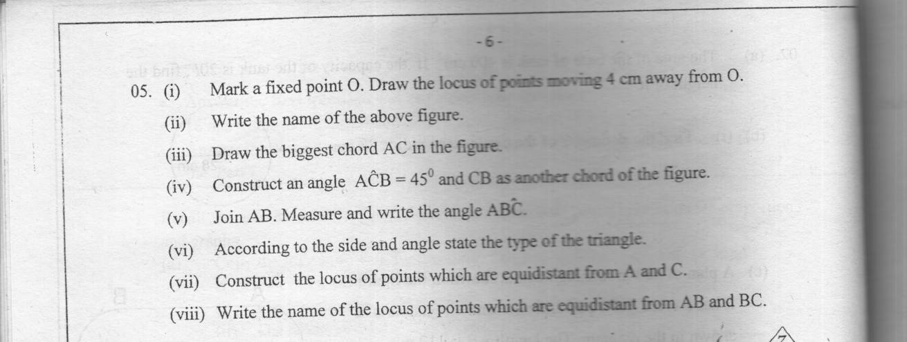 Paper I Part B Q5: Circle locus, diameter chord, 45 degree angle, perpendicular and angle bisectors