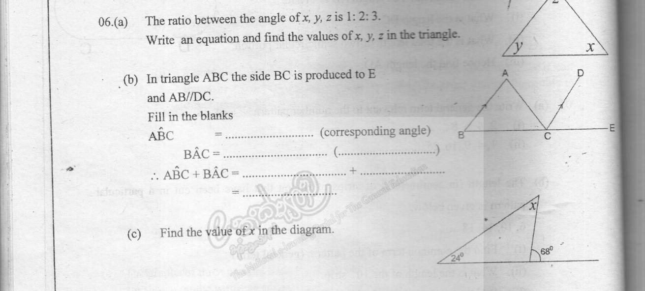 Paper I Part B Q6: Angles in ratio; proof of exterior angle via parallel line; find x