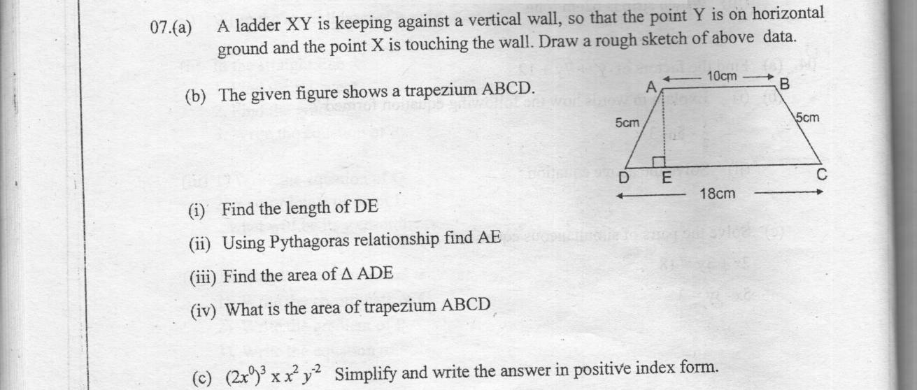 Paper I Part B Q7: Ladder sketch; isosceles trapezium by Pythagoras; simplify indices