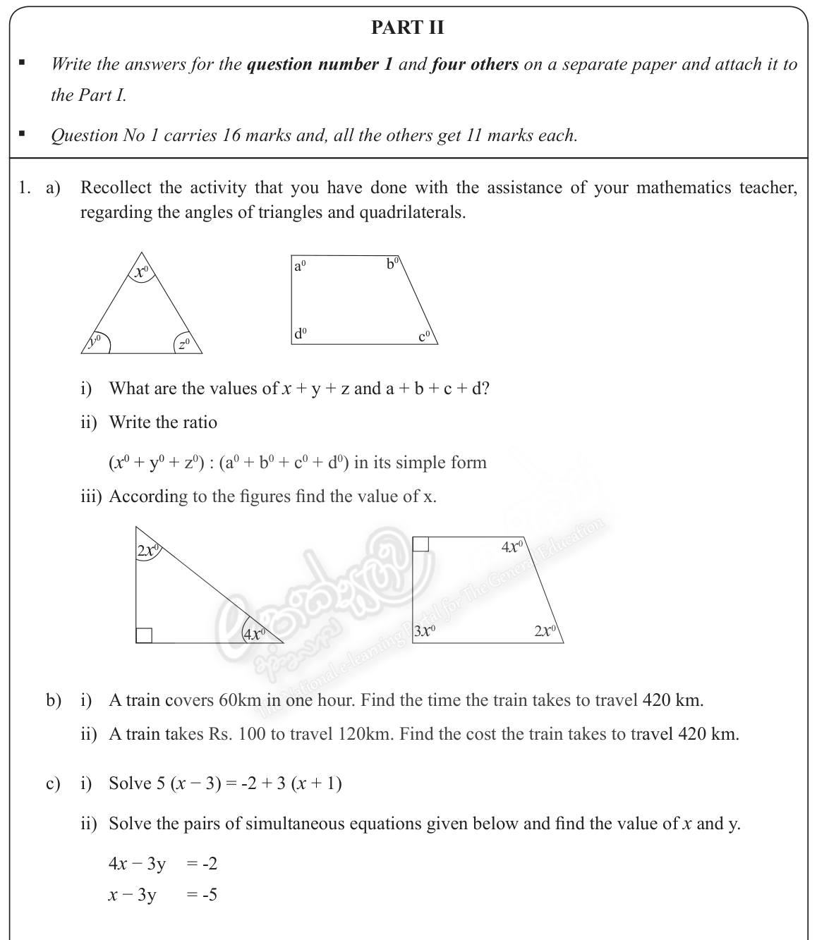 Paper II Part A Q1: Triangle and quadrilateral angle sums; train time and cost by proportion; equations