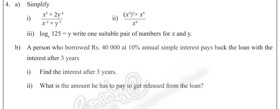 Paper II Part A Q4: Index laws with negative indices; a log pair; simple interest and repayment