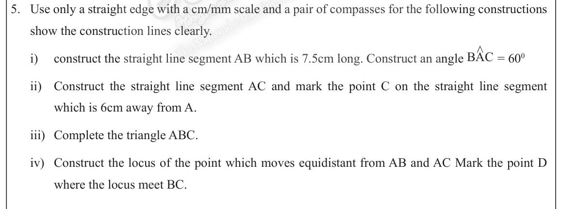 Paper II Part A Q5: Construct triangle with 60 degree angle; angle bisector locus meeting the opposite side