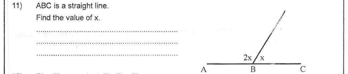Paper I Part A Q11: Angles on a straight line in ratio 2:1