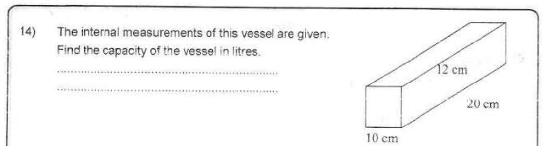Paper I Part A Q14: Capacity in litres of a cuboid vessel