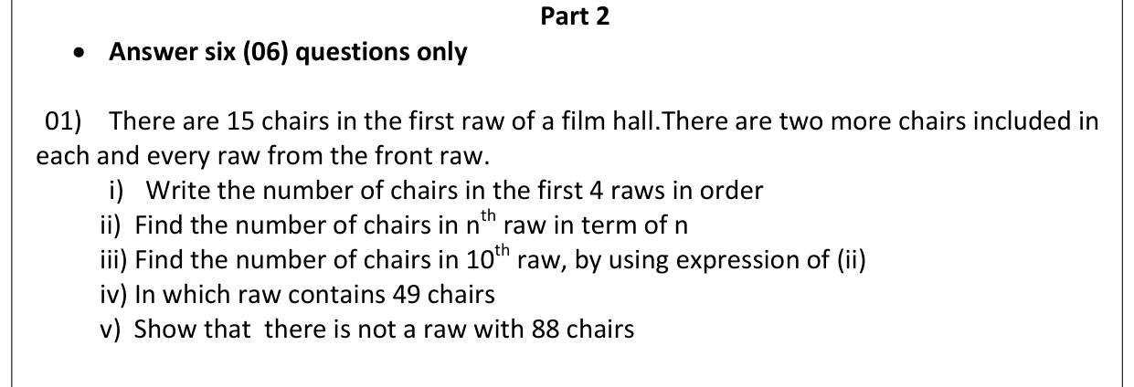 Paper I Part B Q1: Chairs in rows: terms, general term, row with given count
