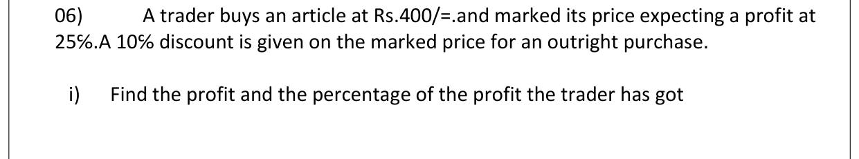 Paper I Part B Q6: Marked price, discount, profit and profit percentage