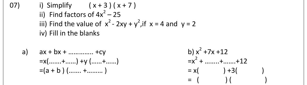 Paper I Part B Q7: Expand, factorise, substitute and complete factorisation blanks