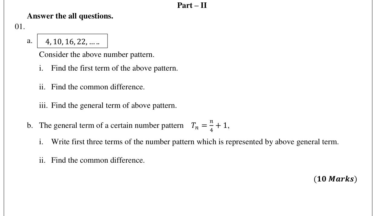 Paper II Part A Q1: Number patterns: first term, difference, general term; terms from Tn