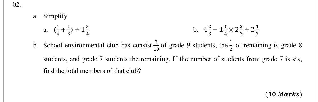 Paper II Part A Q2: Simplify fraction expressions; club members from fractional shares