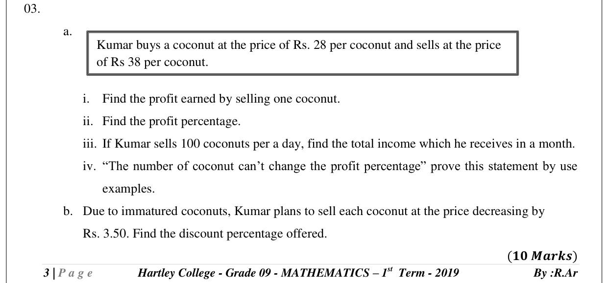 Paper II Part A Q3: Coconut trade: profit, profit percentage, monthly income, discount percentage