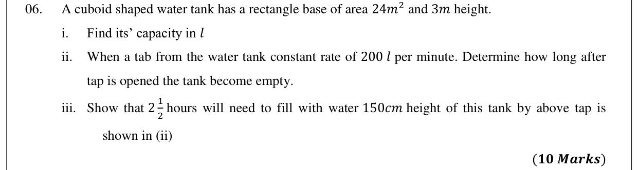 Paper II Part A Q6: Tank capacity in litres, emptying and filling times