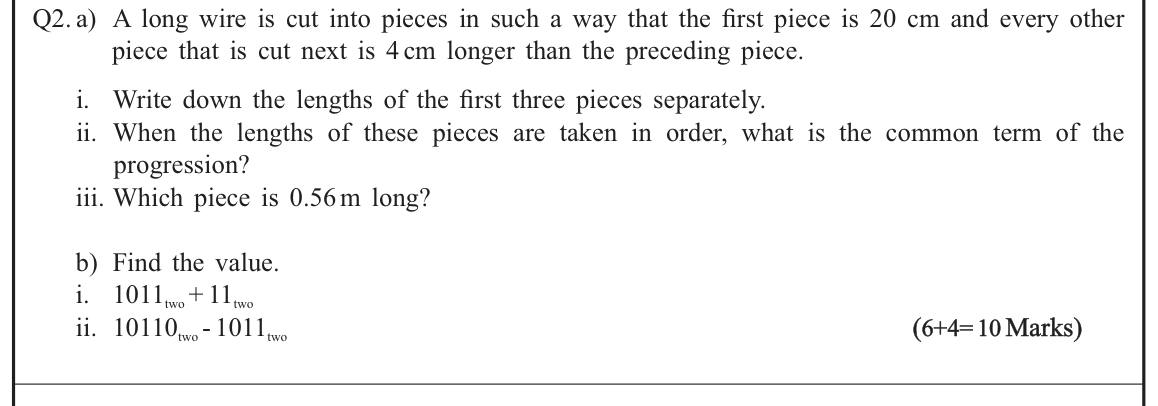 Paper I Part B Q2: Wire pieces as a pattern; binary addition and subtraction