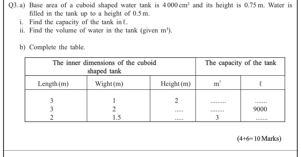 Paper I Part B Q3: Tank capacity and water volume; complete a capacity table