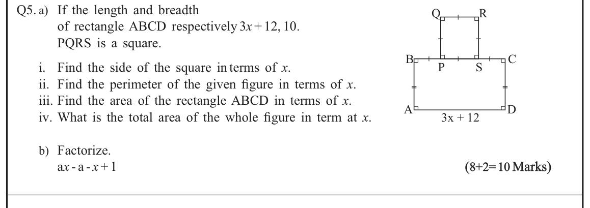 Paper I Part B Q5: Rectangle with square on top: side, perimeter, areas; factorise