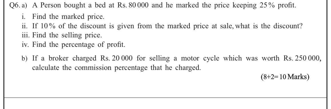 Paper I Part B Q6: Marked price, discount, profit percentage; broker commission rate