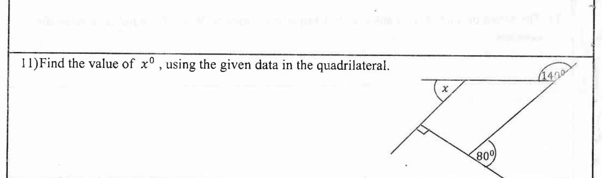 Paper I Part A Q11: Unknown angle of a quadrilateral from given exterior angles