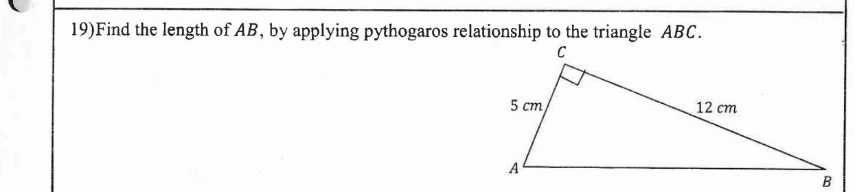Paper I Part A Q19: Hypotenuse of a right triangle by Pythagoras
