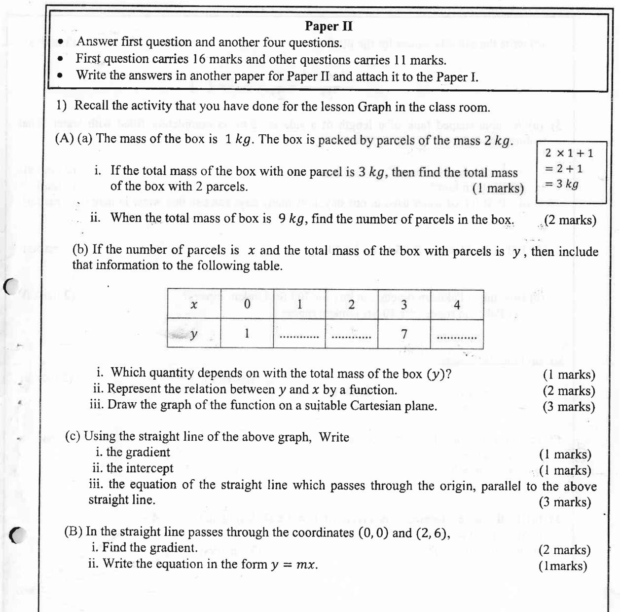Paper II Part A Q1: Box and parcels: table, linear function, graph, gradient, parallel line