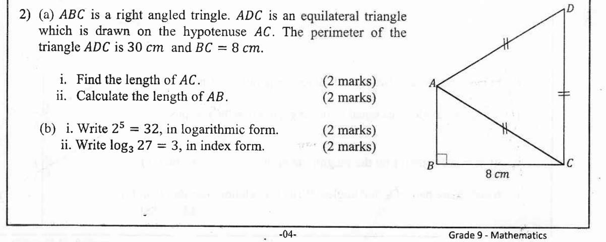 Paper II Part A Q2: Pythagoras with an equilateral triangle; log and index forms; index blanks