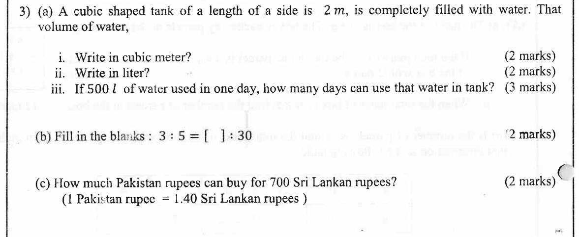 Paper II Part A Q3: Cubic tank volume in litres and days; ratio blank; currency conversion