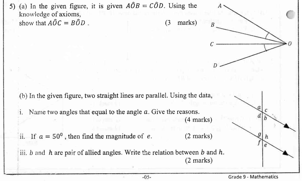 Paper II Part A Q5: Axiom proof of equal angles; angles at parallel lines with reasons