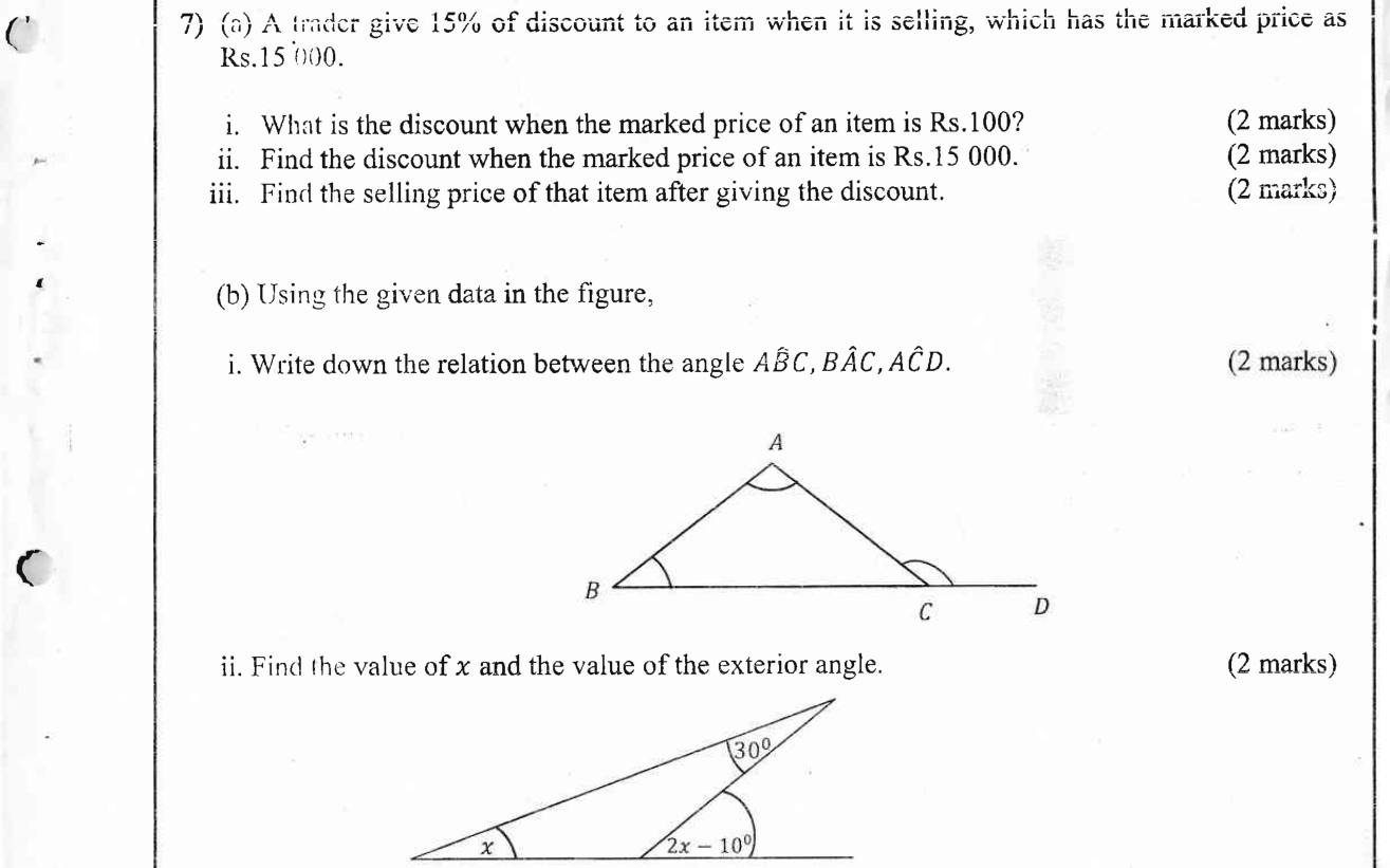 Paper II Part A Q7: Discount calculations; exterior angle of a triangle
