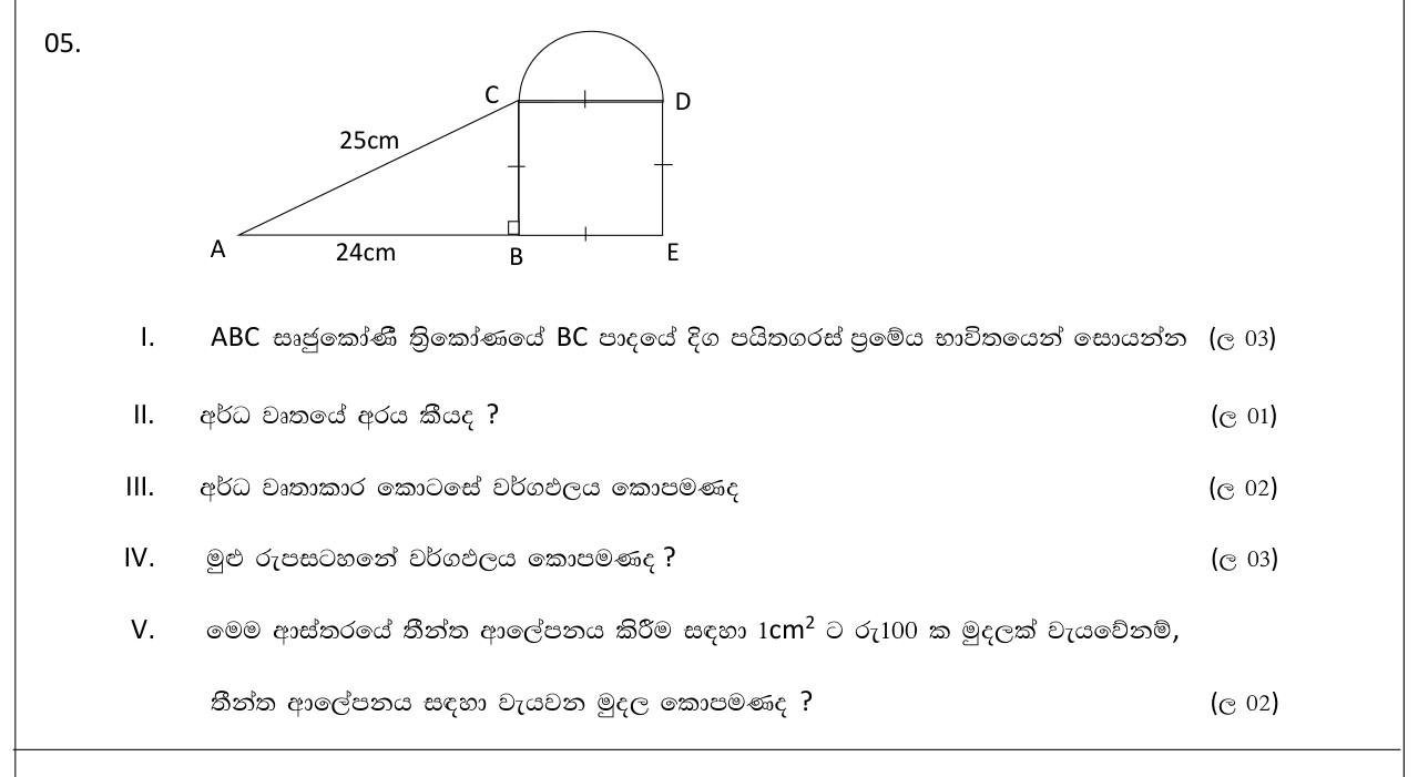 Paper II Part A Q5: Composite figure: Pythagoras, semicircle area, total area and painting cost