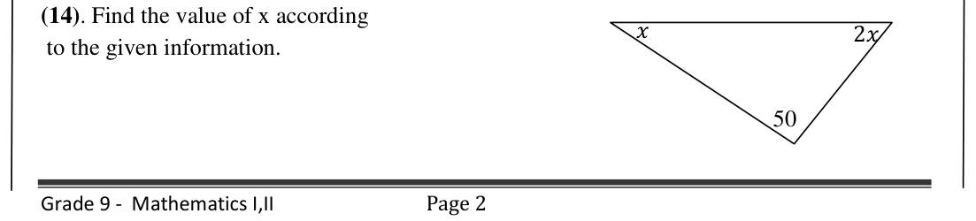 Paper I Part A Q14: Triangle angles x, 2x and 50°