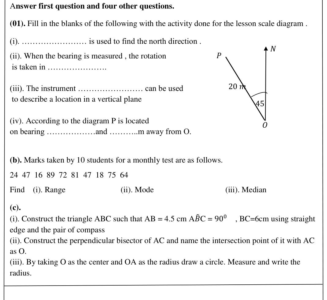 Paper I Part B Q1: Bearing facts; frequency table statistics; right-triangle construction and circle
