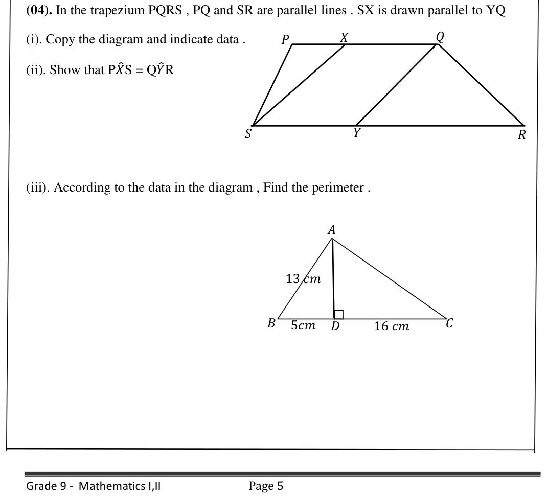 Paper I Part B Q4: Angles with parallel lines in a trapezium; triangle perimeter by Pythagoras