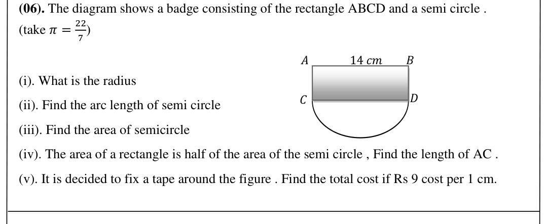 Paper I Part B Q6: Badge with semicircle: arc, area, rectangle height, tape cost