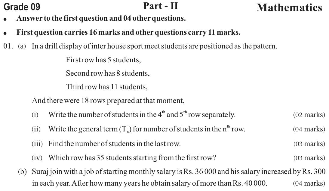 Paper II Part A Q1: Drill rows pattern: terms, general term, nth row; salary increment problem