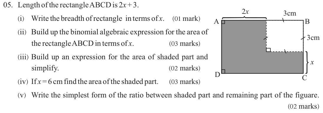Paper II Part A Q5: Rectangle with a cut-out square: binomial area, shaded area, ratio