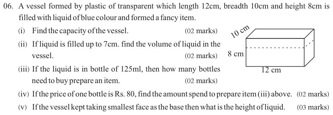 Paper II Part A Q6: Cuboid vessel capacity, liquid volume, bottles, cost, new height