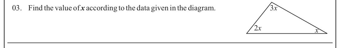 Paper I Part A Q3: Triangle angles given as x, 2x, 3x; find x